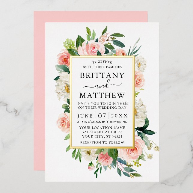 Wedding Watercolor Pink Blush White Floral Gold (Front/Back)
