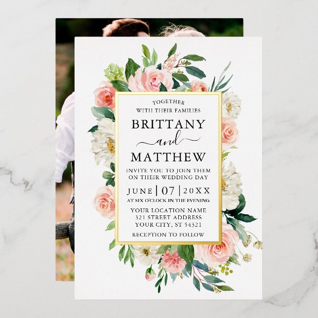 Wedding Watercolor Pink White Floral Photo Gold (Front/Back)
