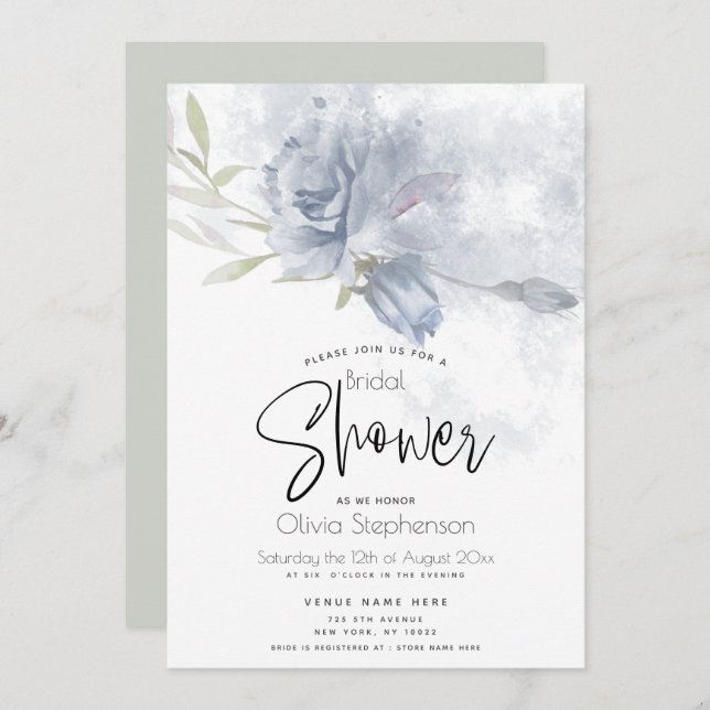 Wedding | Watercolor Rustic Dusty Blue Roses Invitation (Front/Back)