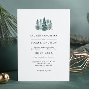 Wedding Watercolor Rustic Pine Trees Deep Green Invitation