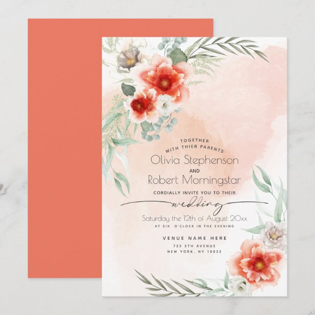 Wedding  | Watercolor Scarlet Flame Floral Invitation (Front/Back)