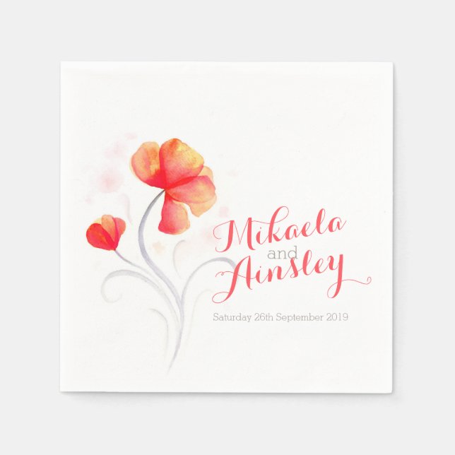 Wedding watercolor wildflower orange paper napkin (Front)