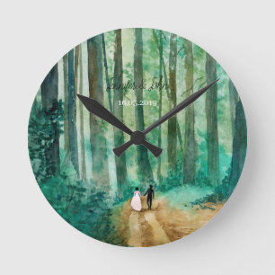 Wedding Watercolor woodland landscape Round Clock