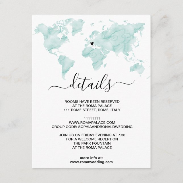Wedding Watercolor World Map Removable Heart Enclosure Card (Front)
