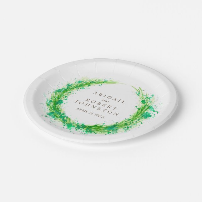 Wedding watercolor wreath personalized paper plate (Angled)