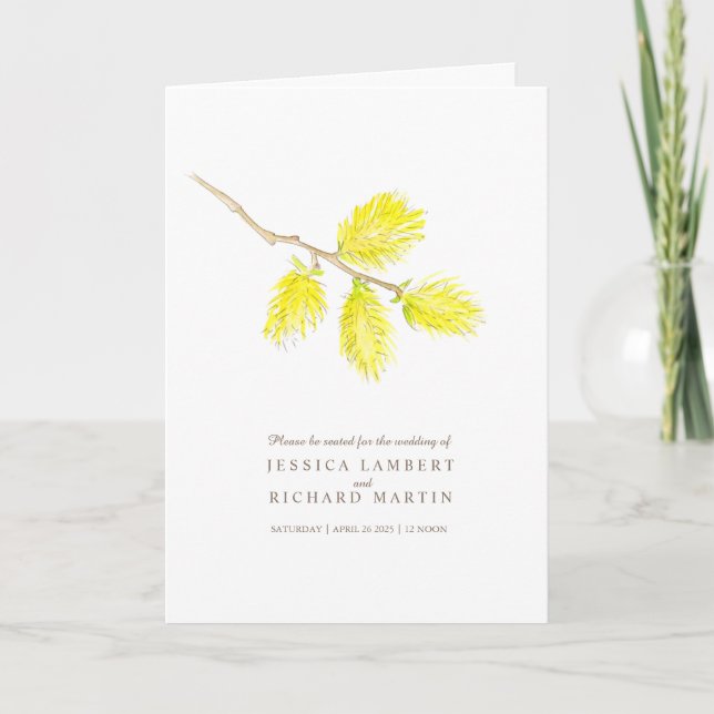 Wedding watercolor yellow willow catkins folded program (Front)