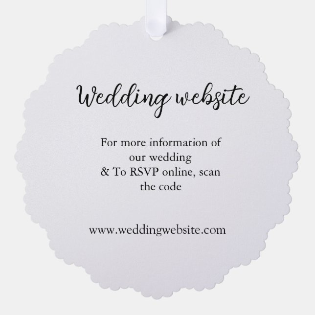 Wedding website add q r code couple name details  ornament card (Front)