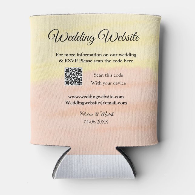 Wedding website add Q R code scan add name date ye Can Cooler (Front)