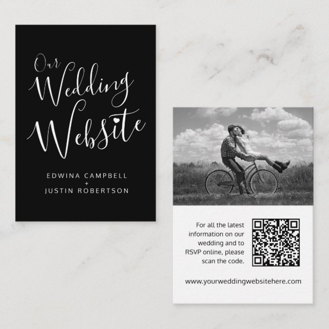 Wedding website black white heart QR code Enclosure Card (Front/Back)
