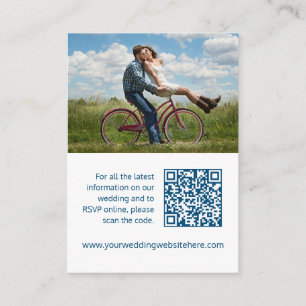 Wedding website blue white heart QR code Enclosure Card