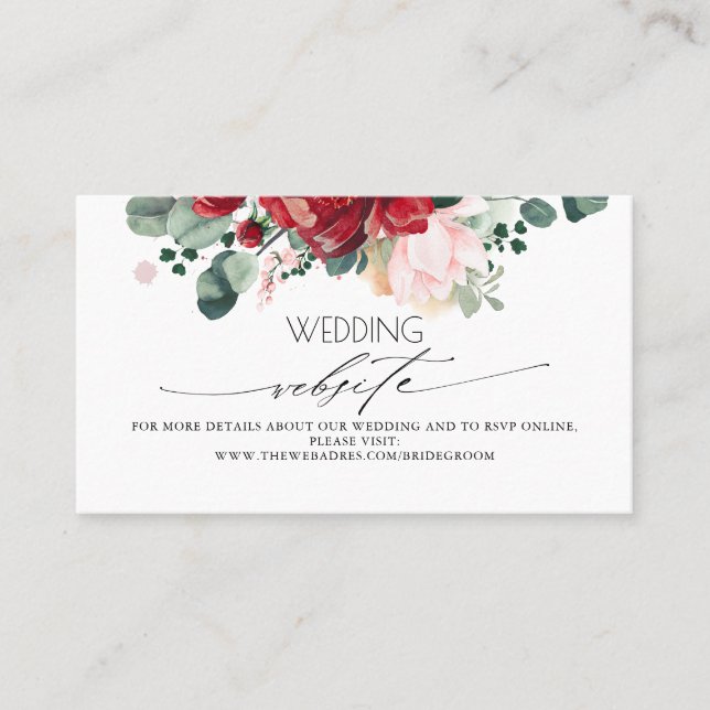 Wedding Website Burgundy Red and Blush Pink Business Card (Front)