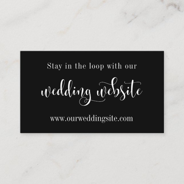 Wedding Website, Elegant Modern Script on Black Enclosure Card (Front)