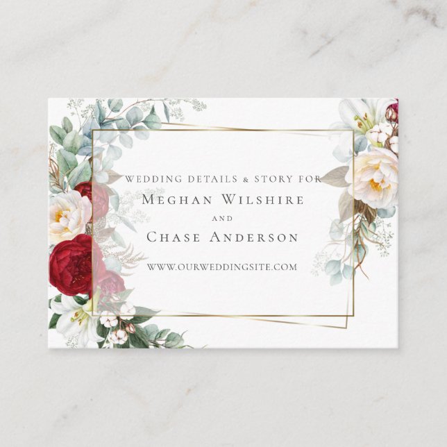 Wedding Website  | Ivory Burgundy Peony Flowers Enclosure Card (Front)