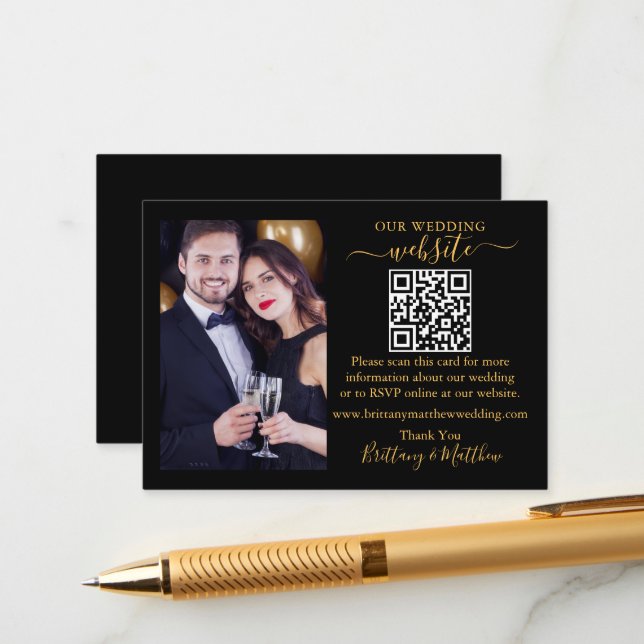 Wedding Website Minimalist QR Photo Black Gold Enclosure Card (Front/Back In Situ)