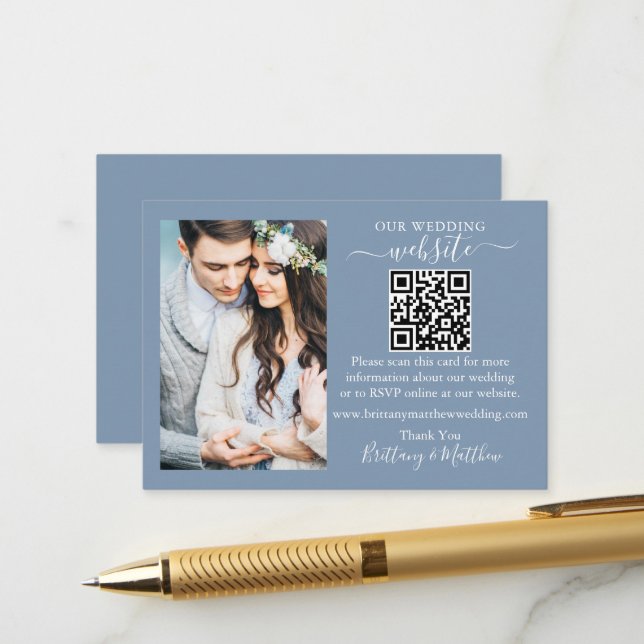 Wedding Website Minimalist QR Photo Dusty Blue Enclosure Card (Front/Back In Situ)