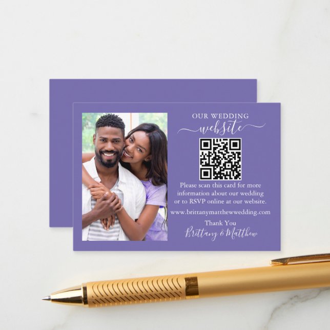 Wedding Website Minimalist QR Photo Periwinkle Enclosure Card (Front/Back In Situ)