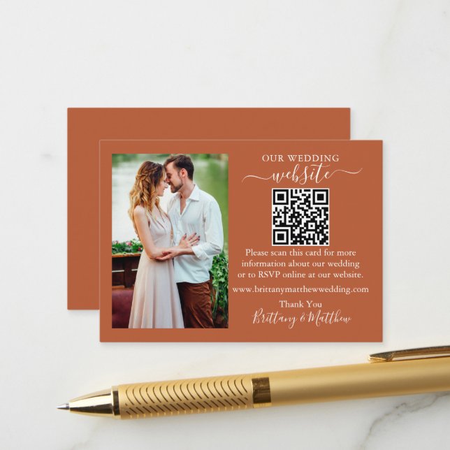 Wedding Website Minimalist QR Photo Terracotta Enclosure Card (Front/Back In Situ)