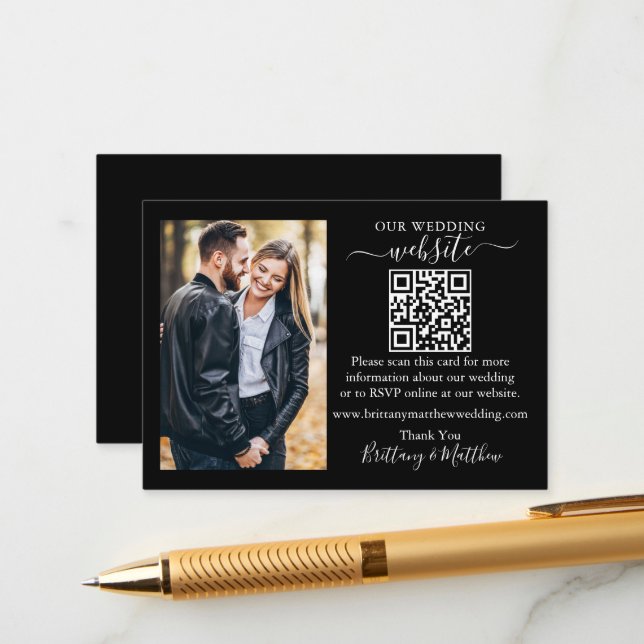 Wedding Website Minimalist Simple QR Photo Black Enclosure Card (Front/Back In Situ)