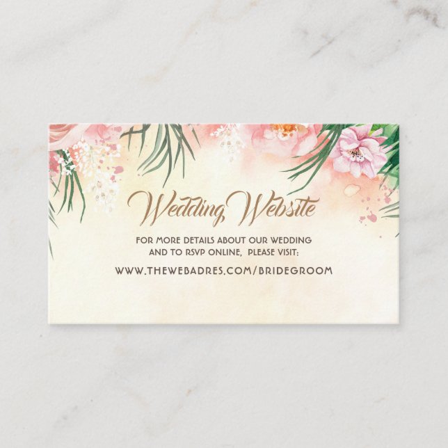 Wedding Website Pink Tropical Flowers & Palm Leaf Business Card (Front)