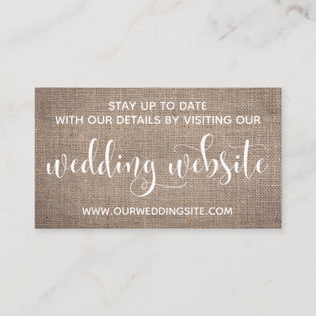 Wedding Website, Pretty Modern Script & Burlap Enclosure Card (Front)
