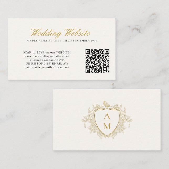 Wedding website QR code crest monogram wedding Enclosure Card (Front/Back)