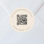 Wedding website QR code details rsvp beige Classic Round Sticker<br><div class="desc">Add your url for your wedding website.  For information,  details,  online rsvp.  A beige,  cream coloured background,  black text.</div>