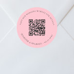 Wedding website QR code details rsvp pink Classic Round Sticker<br><div class="desc">Add your url for your wedding website.  For information,  details,  online rsvp.  A pink coloured background,  black text.</div>