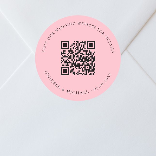 Wedding website QR code details rsvp pink Classic Round Sticker (Creator Uploaded)