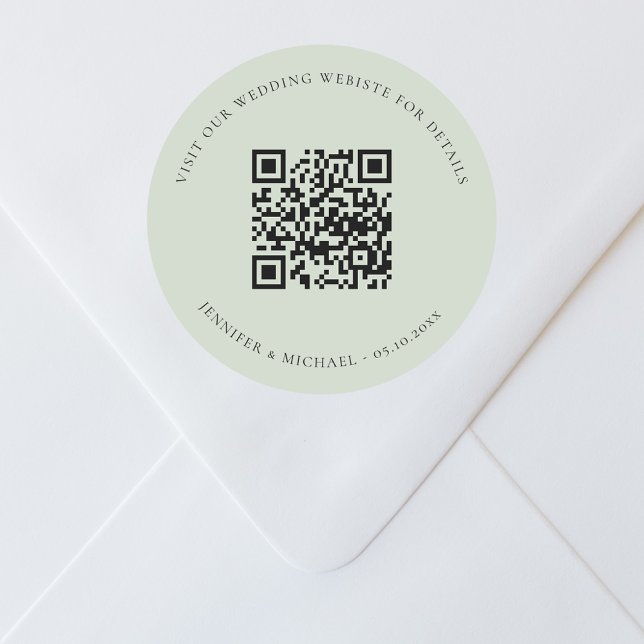 Wedding website QR code details rsvp sage green Classic Round Sticker (Creator Uploaded)