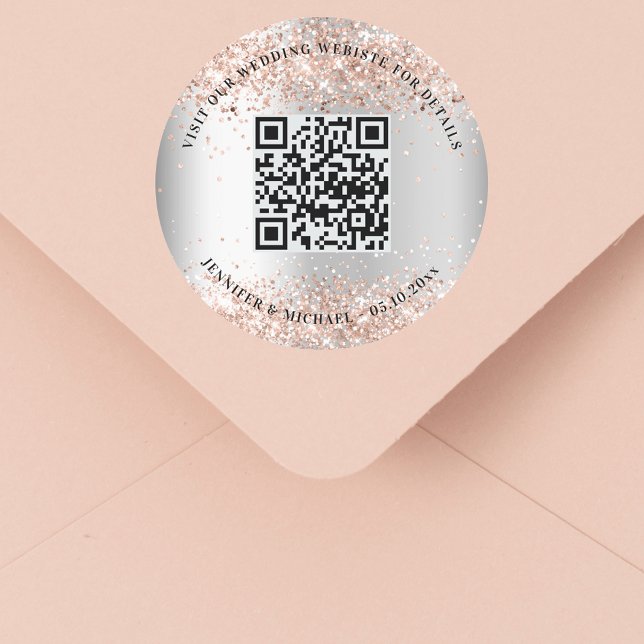 Wedding website QR code details rsvp silver rose Classic Round Sticker (Creator Uploaded)