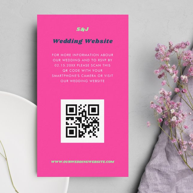 Wedding Website QR Code RSVP Hot Pink Retro Groovy Enclosure Card (Creator Uploaded)