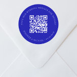 Wedding website QR details information rsvp blue Classic Round Sticker<br><div class="desc">Add your url for your wedding website.  For information,  details,  online rsvp. A royal blue,  coloured background.</div>