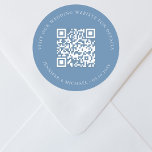 Wedding website QR details information rsvp blue Classic Round Sticker<br><div class="desc">Add your url for your wedding website.  For information,  details,  online rsvp. A dusty blue,  coloured background.</div>