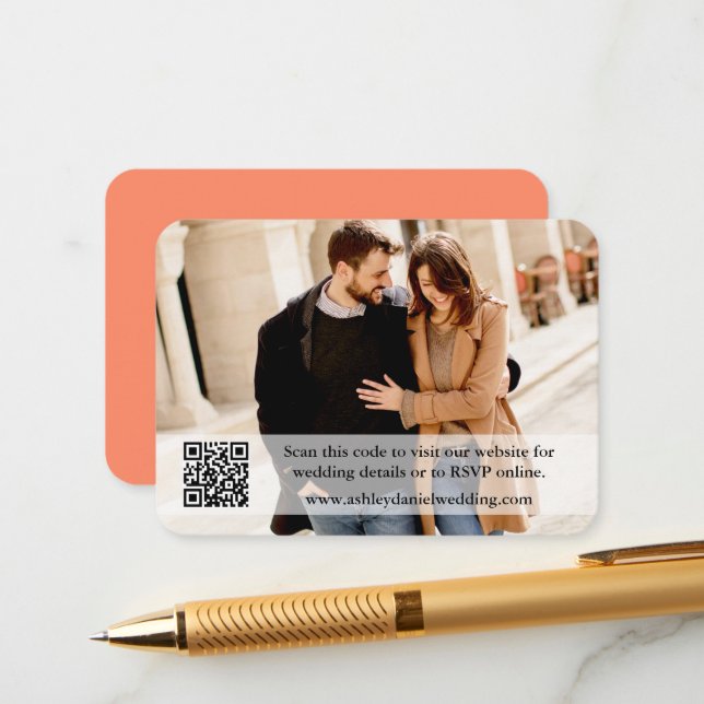Wedding Website QR Overlay Photo Coral Enclosure Card (Front/Back In Situ)