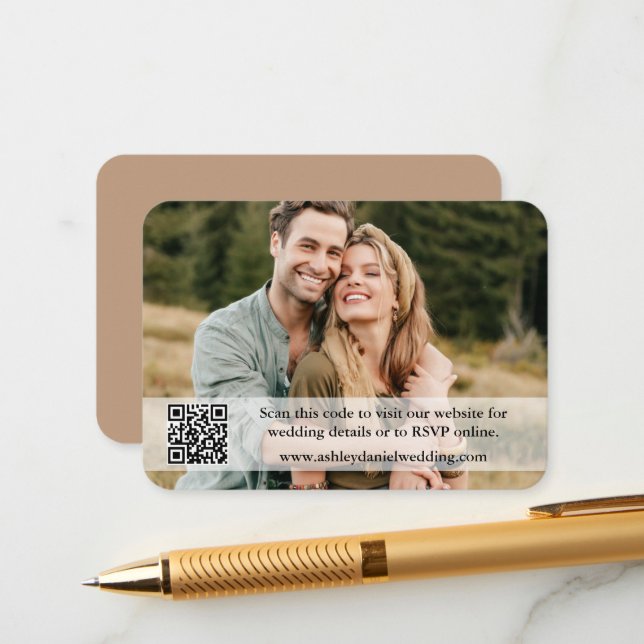 Wedding Website QR Overlay Photo Taupe Enclosure Card (Front/Back In Situ)