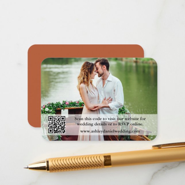 Wedding Website QR Overlay Photo Terracotta Enclosure Card (Front/Back In Situ)