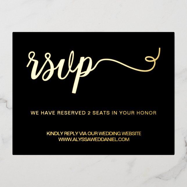 Wedding website response reserved seat Script RSVP Foil Holiday Postcard (Front)