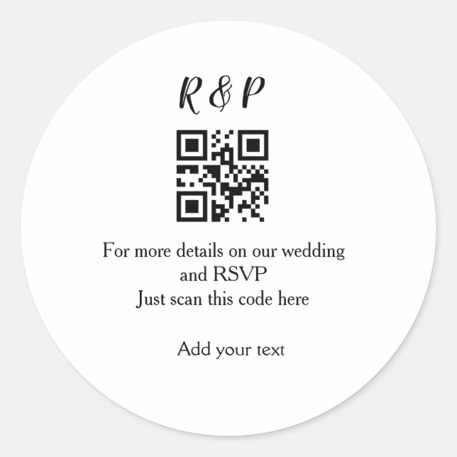 Wedding website rsvp q r code add name text thr classic round sticker (Front)