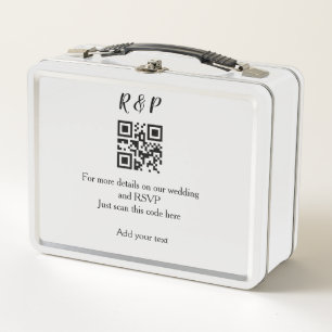Wedding website rsvp q r code add name text thr metal lunch box
