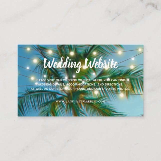 Wedding Website Tropical Beach String Lights Ombre Business Card (Front)