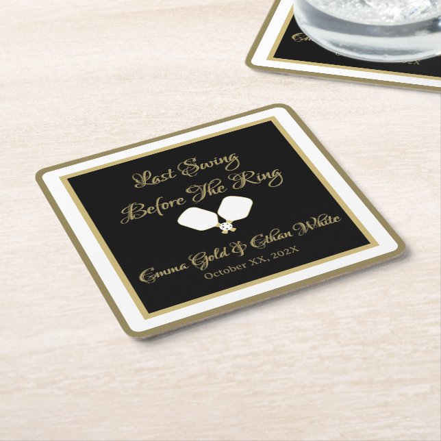 Wedding Weekend Activity Pickleball Gold & White Square Paper Coaster (Angled)