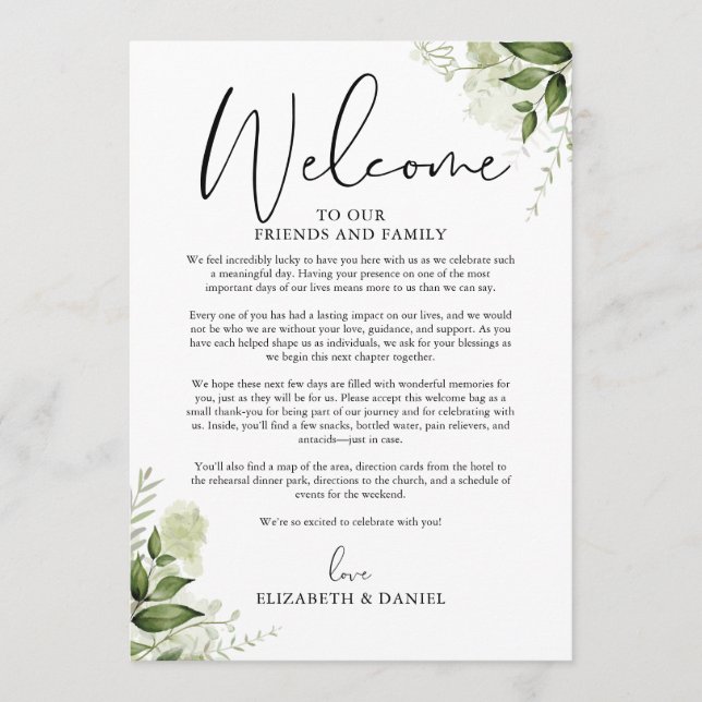 Wedding Weekend Itinerary Greenery Floral Program (Front)