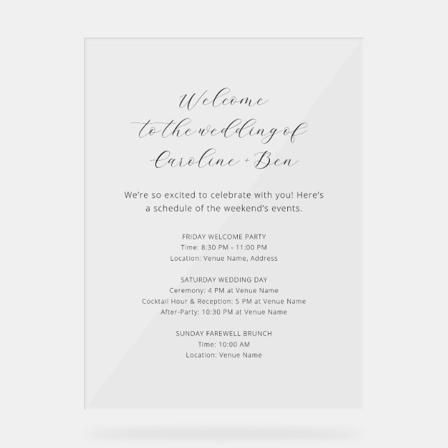 Wedding Weekend Order of Events Minimalist White Acrylic Sign (Front)