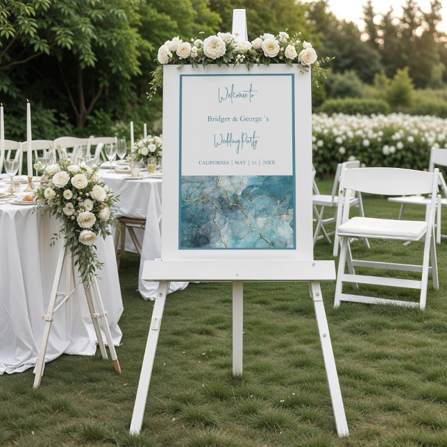 wedding welcome abstract teal blue marble frosted  acrylic sign (Creator Uploaded)