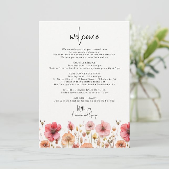 Wedding Welcome Bag Letter Itinerary Wildflowers  Holiday Card (Standing Front)