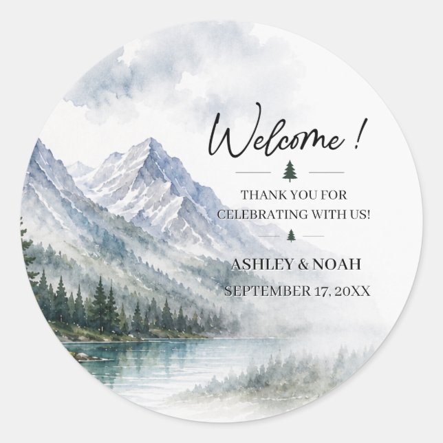 Wedding Welcome Bag Stickers Mountain Round Labels (Front)