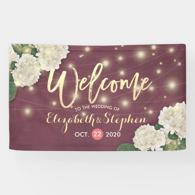 Wedding Welcome Banner Hydrangea String Lights Red (Horizontal)