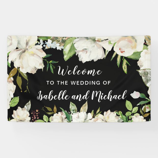 Wedding Welcome Black and White Watercolor Floral Banner (Horizontal)