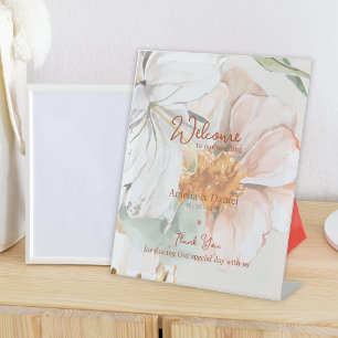 Wedding Welcome   Blush Peach Floral Pedestal Sign