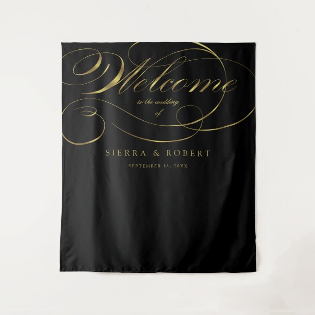 Wedding Welcome Elegant Faux Gold Foil Script Tapestry (Front)